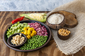 grains used in the elaboration of the fanesca. Traditional food from Ecuador during Holy Week - obrazy, fototapety, plakaty