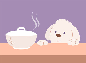 Little cute domestic dog. Looks at the table with an appetizing dish. Friendly funny pet. One puppy animal. Flat vector illustration