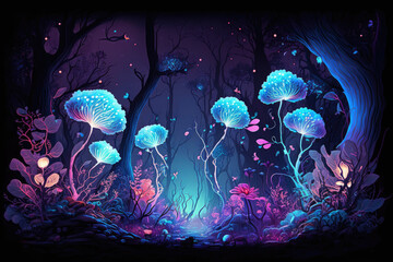blue fairytale forest with pink glowing plants. fantasy. Generative AI