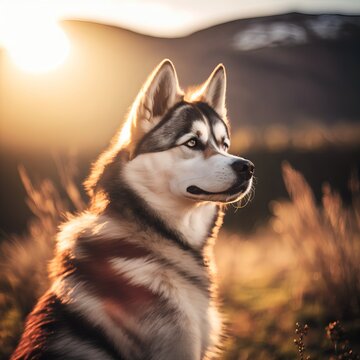 Husky posing in the fantasy wilderness. Dog portrait.