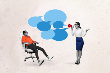Picture creative poster collage of angry aggressive boss chief business lady proclaim megaphone...