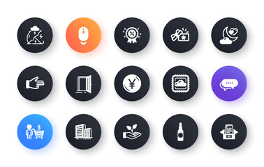 Minimal set of Buildings, Loyalty gift and Click hand flat icons for web development. Stress protection, Cloud computing, Discount icons. Helping hand, Dots message, Scroll down web elements. Vector