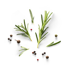 Fresh green organic rosemary leaves and peper isolated on white background. Transparent background and natural transparent shadow; Ingredient, spice for cooking. collection for design - obrazy, fototapety, plakaty