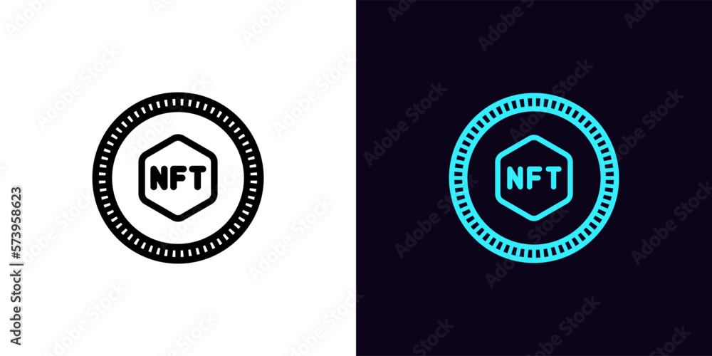 Poster outline nft token icon, with editable stroke. token frame with nft sign, cryptographic game coin. di