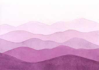 Textured, delicate, watercolor background, sunset, with a view of the mountains and hills in lilac and pink shades. Drawn by hand. For design and design with a place for the text.