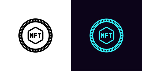Outline nft token icon, with editable stroke. Token frame with NFT sign, cryptographic game coin. Digital token and cryptocurrency, virtual money, NFT marketplace, crypto wallet.