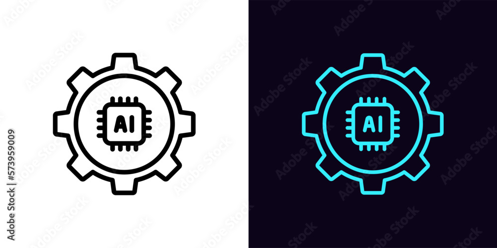 Poster outline ai settings icon, with editable stroke. gear wheel frame with microchip sign, artificial int