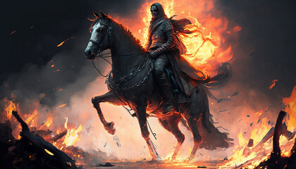 A man riding on the back of a horse next to a fire