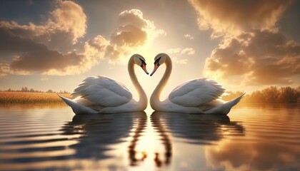  two swans are making a heart shape in the water at sunset.  generative ai