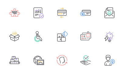 Credit card, Payment method and Smile line icons for website, printing. Collection of Checked calculation, Web photo, Approved icons. Card, Face id, Person idea web elements. Disability. Vector