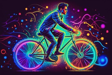 Fototapeta na wymiar a man riding a bike in a neon light painting style. generative ai