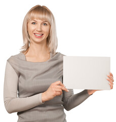 Fototapeta premium Professionally dressed female holding a blank sign