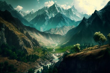 Fototapeta na wymiar Himalayan mountainous landscape. Beautiful fresh panorama.