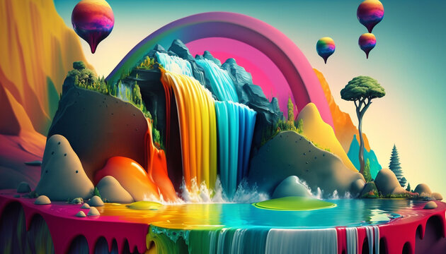 Fantastic sureal float island landscape with colorful waterfall paint oil. Generative AI.