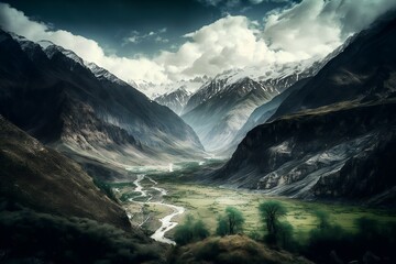 Himalayan mountainous landscape. Beautiful fresh panorama.