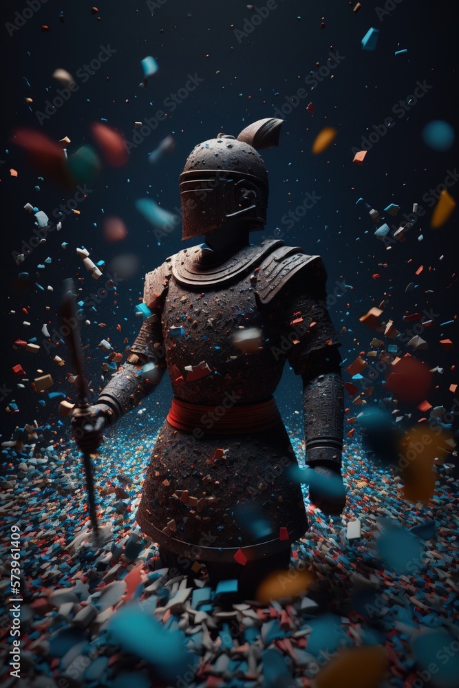 Poster a knight in a suit of armor surrounded by confetti and confetti octane renderer a 3d render antipode