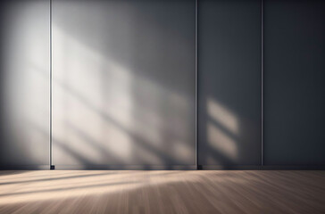 Fototapeta Empty light dark wall with beautiful chiaroscuro and wooden floor. Minimalist background for product presentation, mock up. obraz