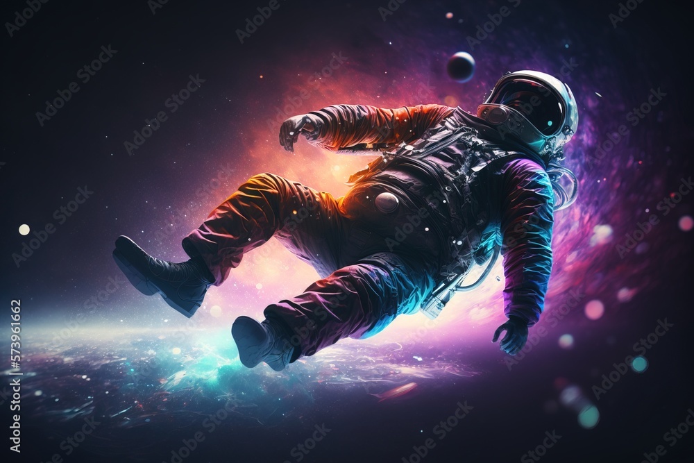 Poster a man in a space suit floating in space with a ball in his hand and a planet in the background space