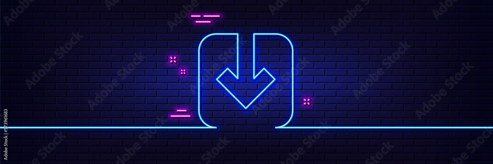 Poster neon light glow effect. load document line icon. download arrowhead symbol. direction or pointer sig