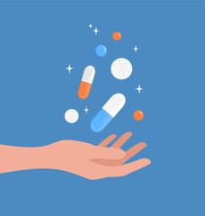 Hand holding medicine. Flying pills and capsules over hand on blue background. Flat vector illustration