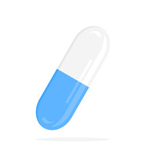 White and blue capsule isolated on white background. Vector illustration of pill in flat style
