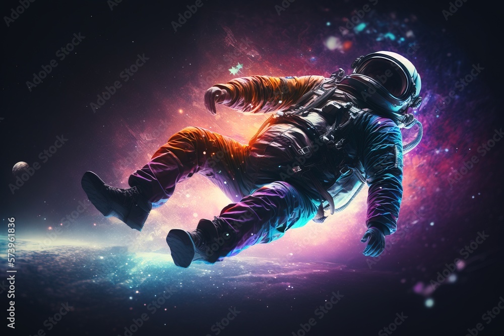 Poster a man in a space suit floating in space with a planet in the background and stars in the sky space a