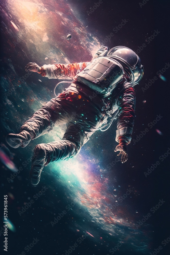Poster a man in a space suit floating in space with a planet in the background and stars in the sky space p