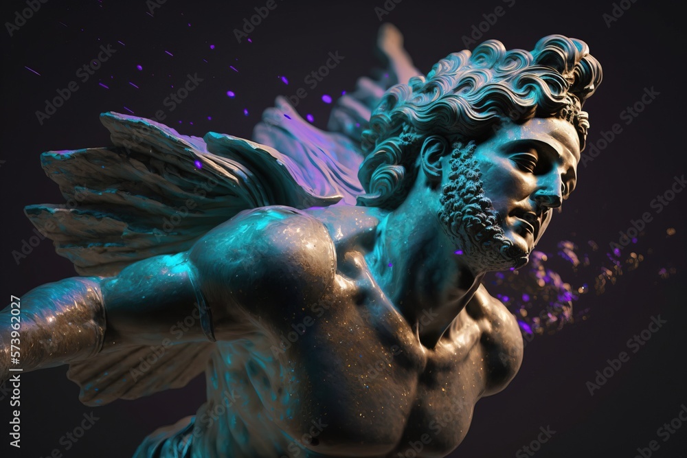 Poster a statue of a man with wings and a body of water splashing out of it octane renderer a 3d render hol