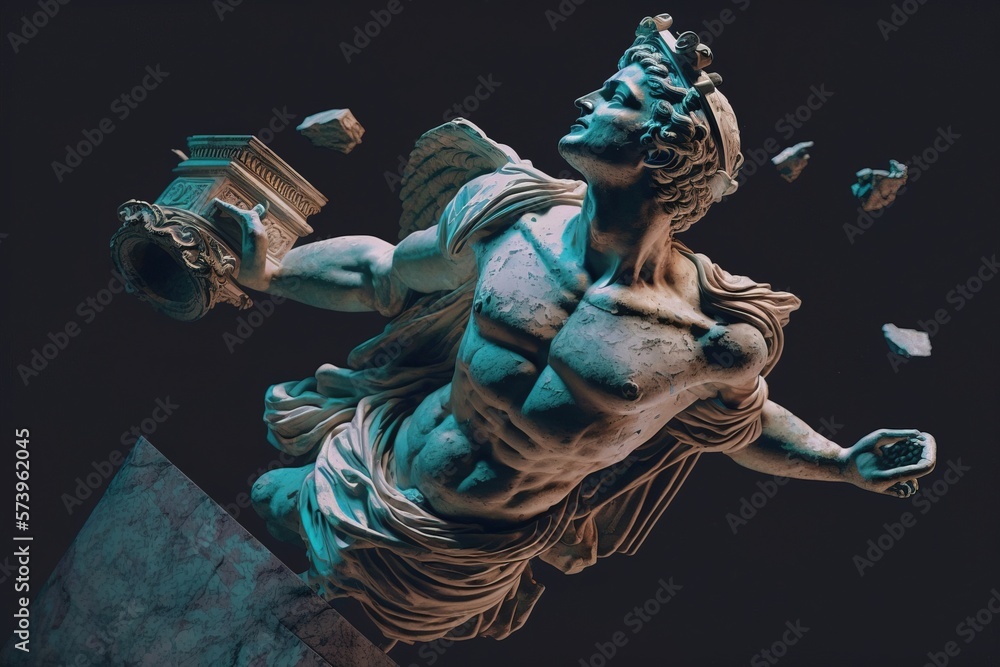 Aufkleber a statue of a man with a sword and a bird flying around him with a black background octane renderer 