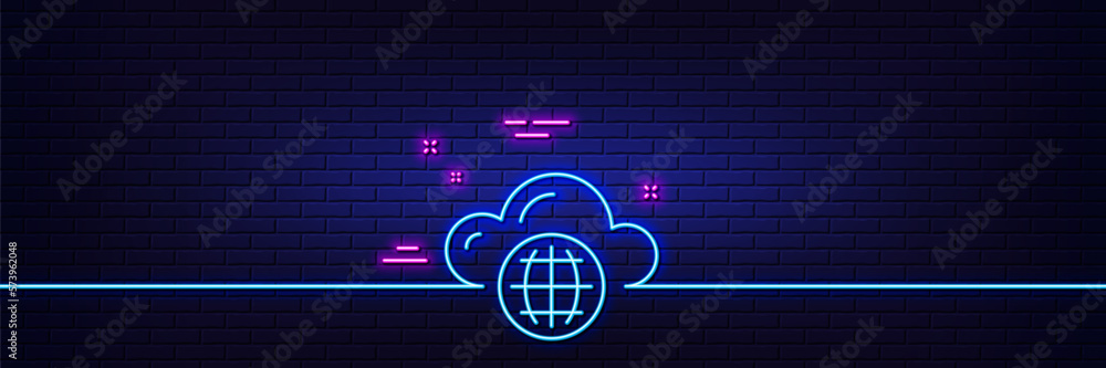 Poster neon light glow effect. cloud computing line icon. internet data storage sign. file hosting technolo