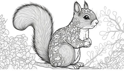 Fototapeta premium a cute coloring book for children that is still black and white, but waiting for colors and then it will become a wonderful colorful squirrel