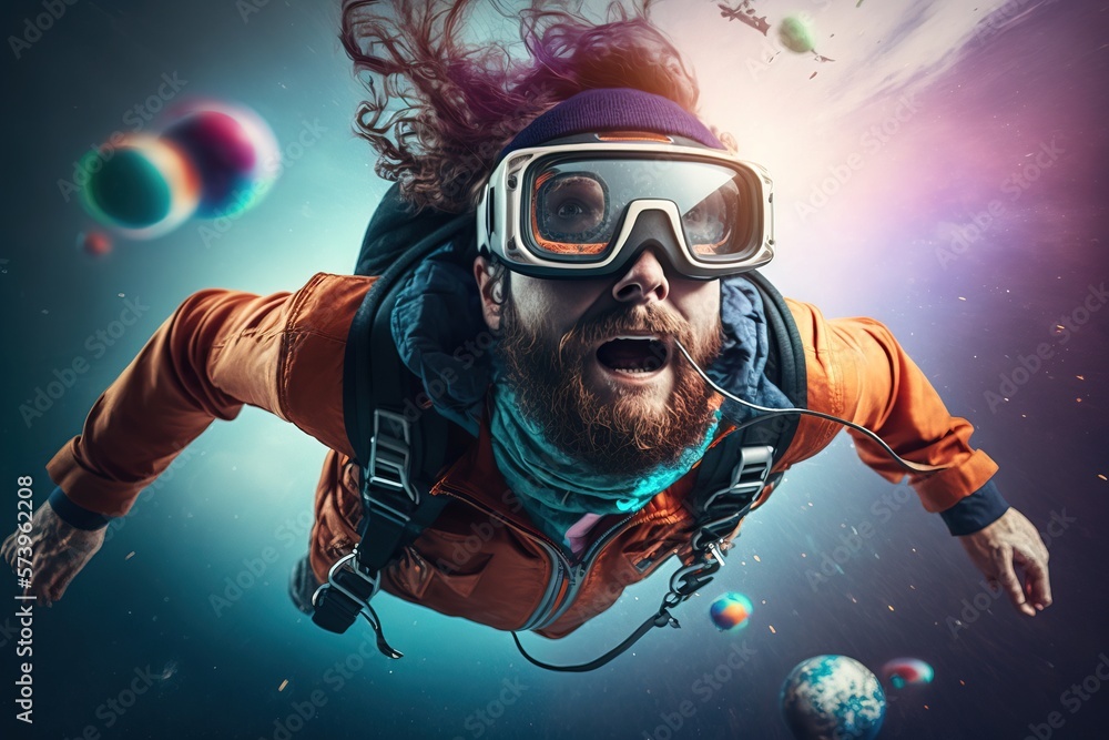 Poster a man in a helmet and goggles diving in the water with planets around him affinity photo a 3d render