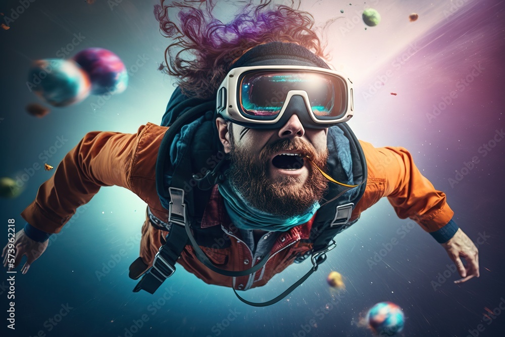 Poster a man with a beard and goggles diving in space with planets around him and a sky background affinity