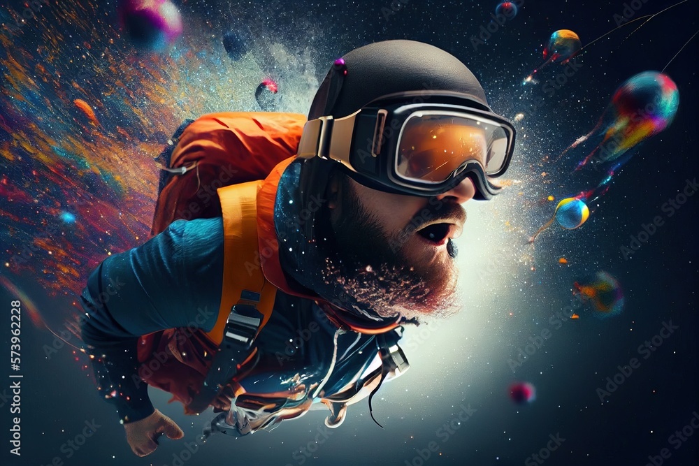Poster a man with a beard and goggles is in the air with bubbles and bubbles affinity photo computer graphi