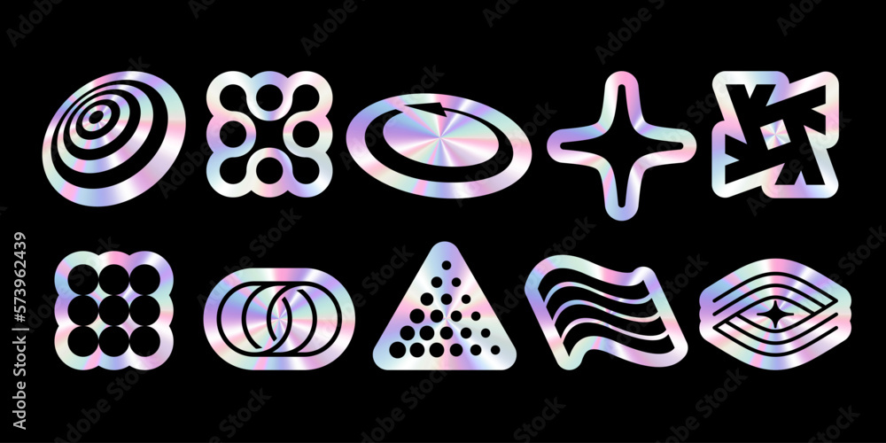 Poster hologram stickers or labels different geometric shapes with glitter foil effect. vector elements for