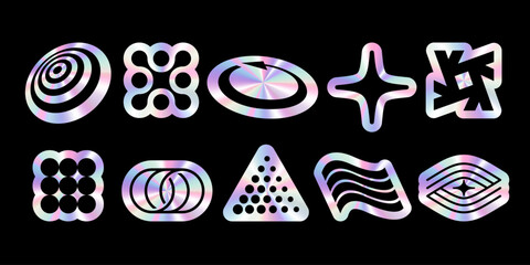 Hologram stickers or labels different geometric shapes with glitter foil effect. Vector elements for design in retro Y2K or 90s style