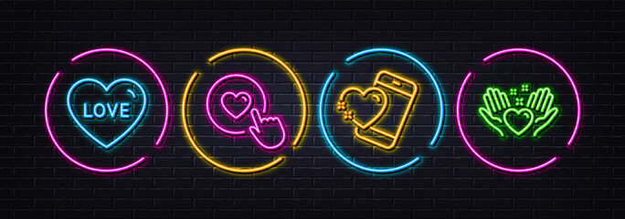 Heart, Like button and Love minimal line icons. Neon laser 3d lights. Hold heart icons. For web, application, printing. Love call, Sweetheart, Friendship. Neon lights buttons. Heart glow line. Vector