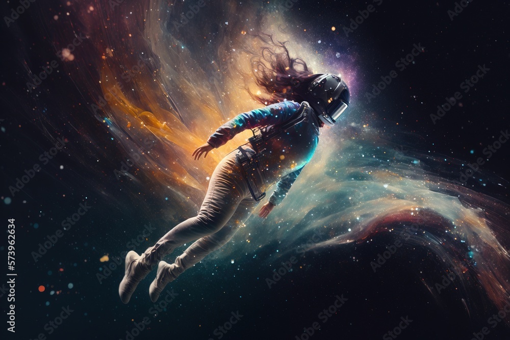 Poster a woman floating in space with a space background and stars in the background with a space shuttle i
