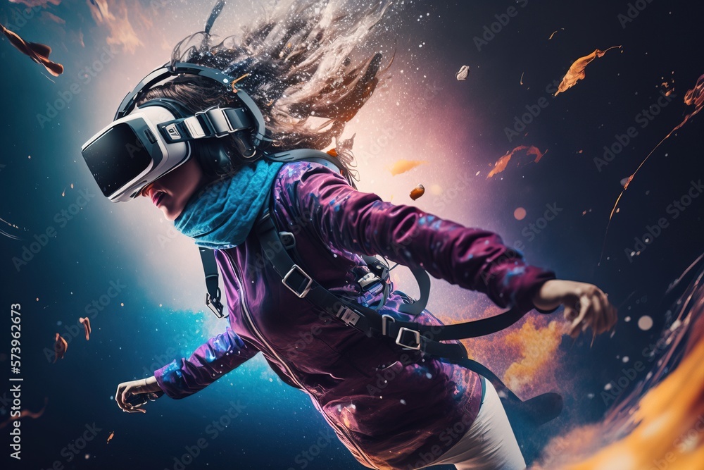 Poster a woman wearing a virtual reality headset and a purple jacket is floating in space unreal highly ren