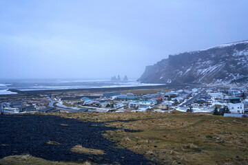 View of Reynisdranger from Vik i Myrdal, Iceland