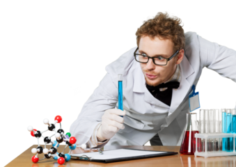 Crazy scientist is in his laboratory with tubes