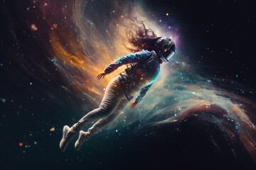 Obraz na płótnie Canvas A woman floating in space with a space background and stars in the background with a space shuttle in the foreground space poster art space art