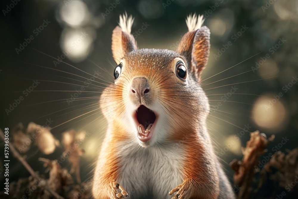 Poster a squirrel is making a funny face with its mouth open and it's mouth wide open hyper realistic face 