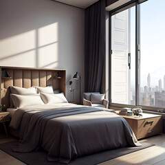 Image of a luxurious bedroom. Has an interesting decoration and a great setting out. Equipped with a queen size bed. Morning sunlight enters the room through the large windows.
