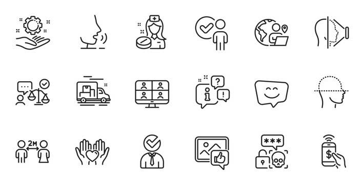 Outline set of Verification person, Video conference and Outsource work line icons for web application. Talk, information, delivery truck outline icon. Vector