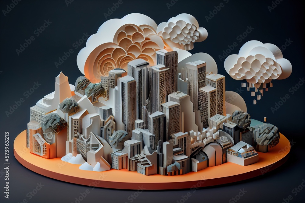 Aufkleber a paper cut of a city with a sky background and clouds above it with a city in the middle ambient oc