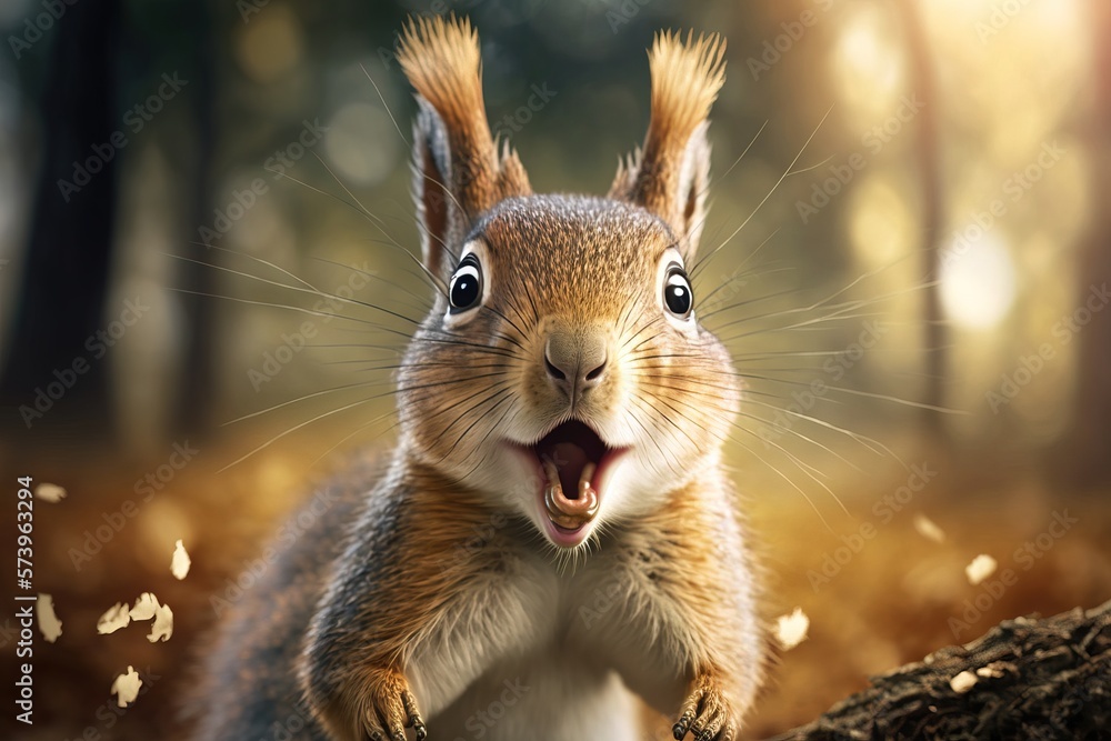 Poster a squirrel is making a funny face in the woods with its mouth open and it's mouth wide open hyper re