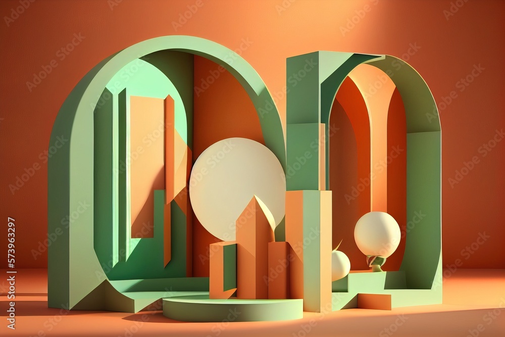 Poster a 3d rendering of a city with a large arch and a ball in the center cinema 4 d a 3d render geometric