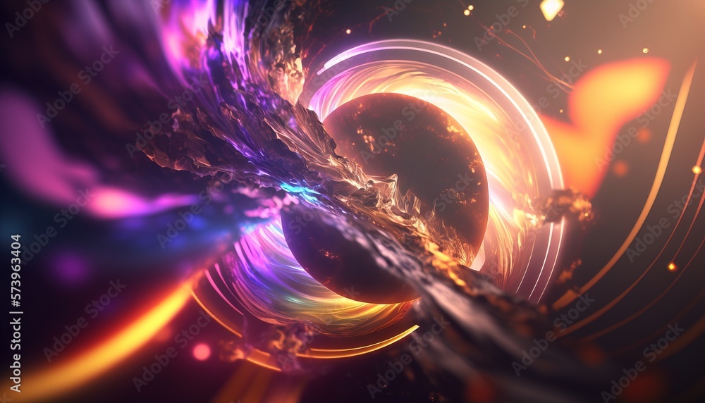 Poster a computer generated image of a spiral of light and colors in space with a planet in the background 