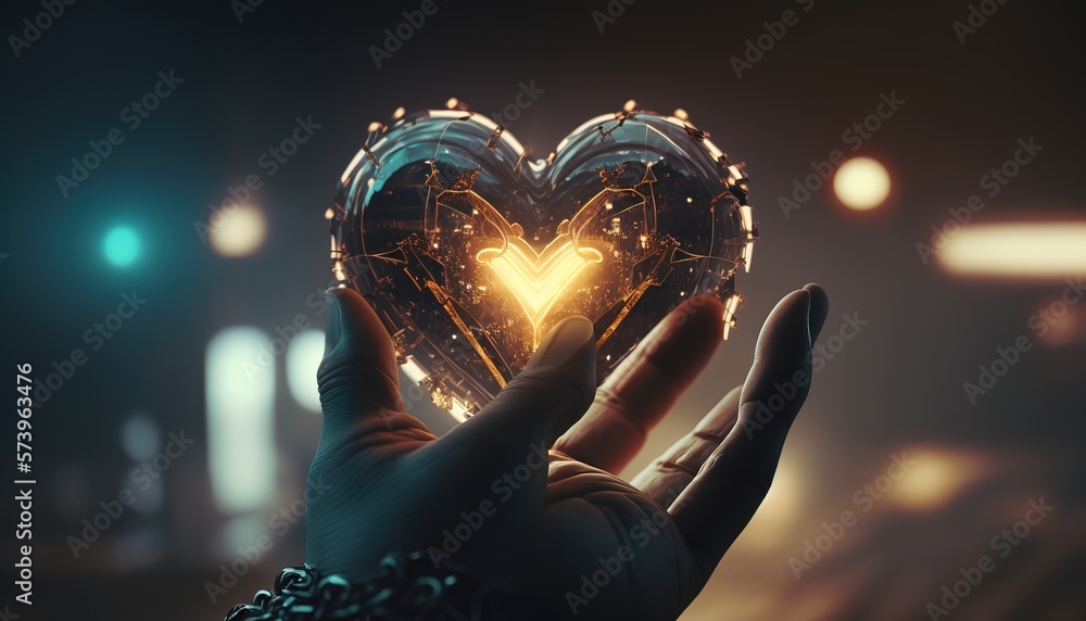 Poster a heart shaped object being held in a hand with a chain around it and a glowing light in the backgro